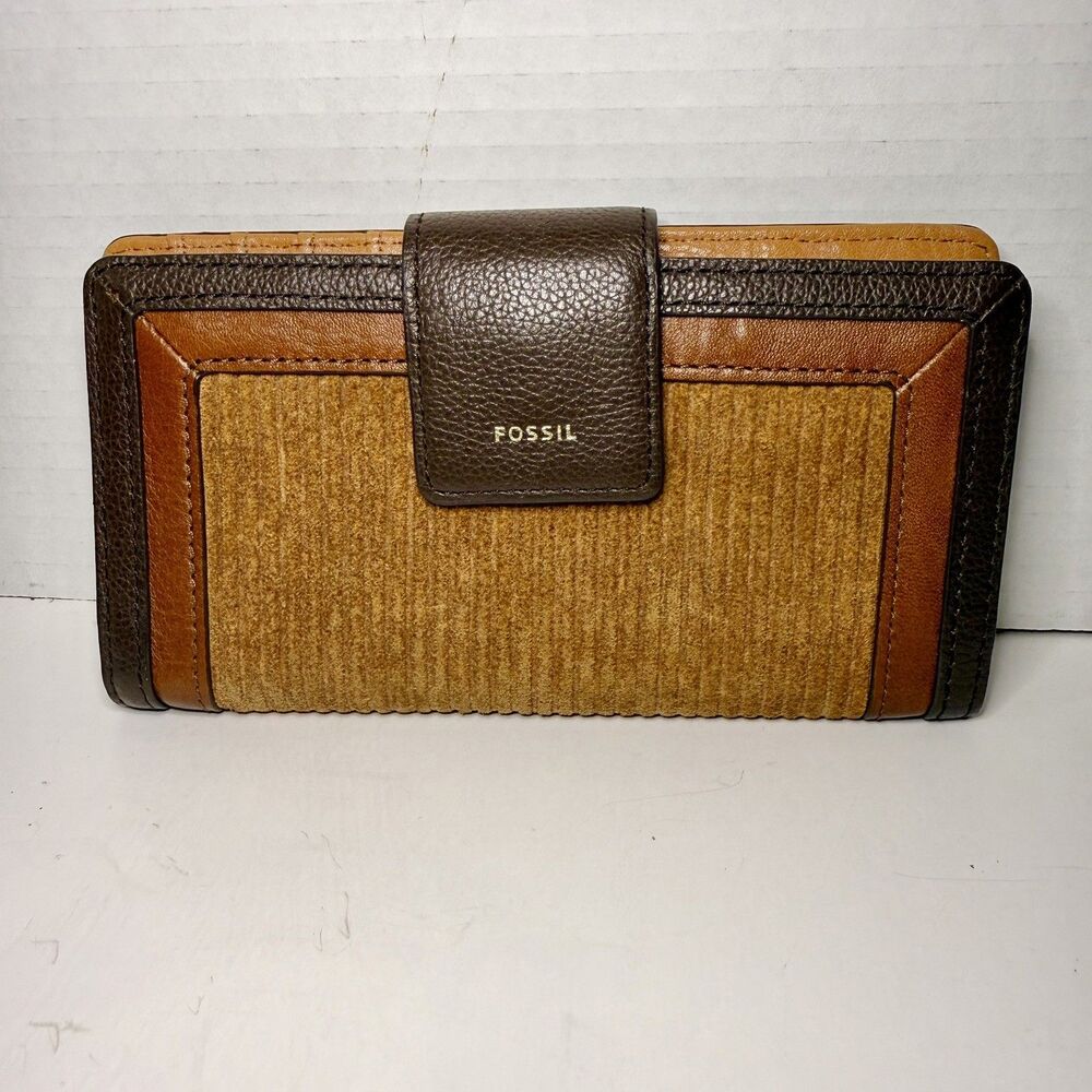 Fossil Logan RFID Tab Clutch Wallet SL8246249 Camel Brown Suede Corduroy Leather